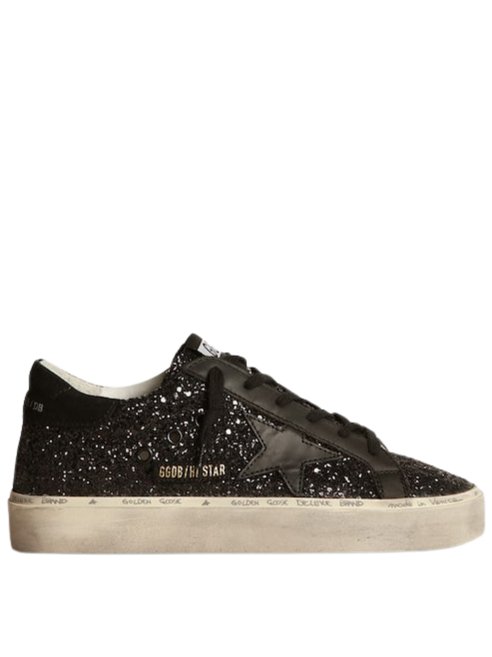 N374O Golden Gosse Super-Star de napa negra, estrella y refuerzo del talón de ante negro